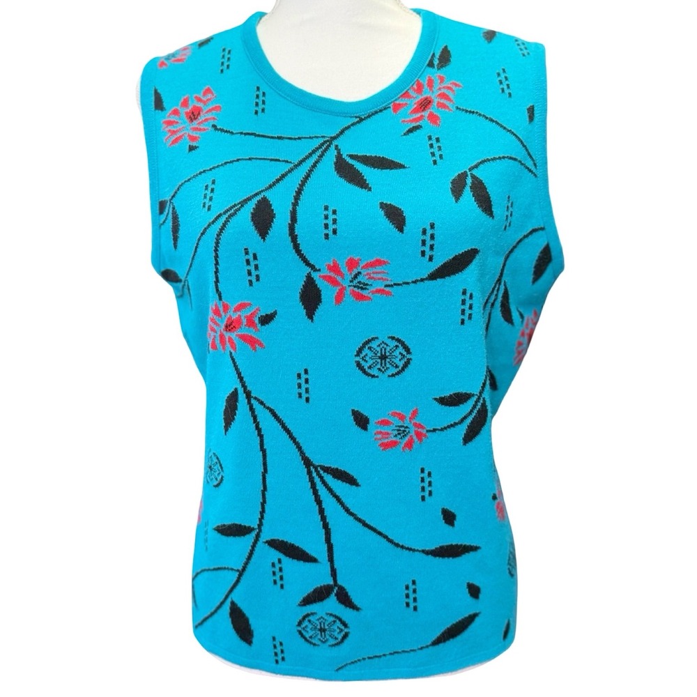 Vintage Karen Lessly Sweater Vest Floral Knit‎ USA Womens Large